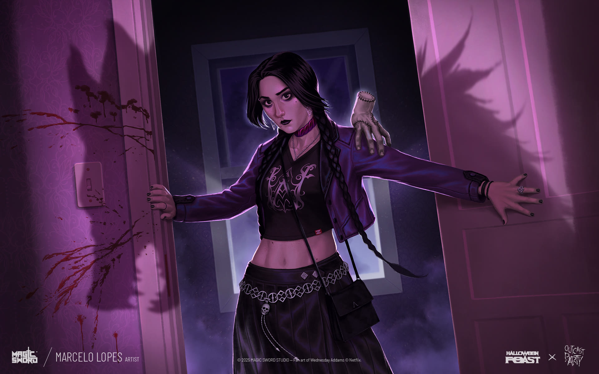 Wednesday Addams from Wednesday, fan art trading card illustrated by Marcelo Lopes for Halloween Feast 2025: Outcast Party by Magic Sword Studio